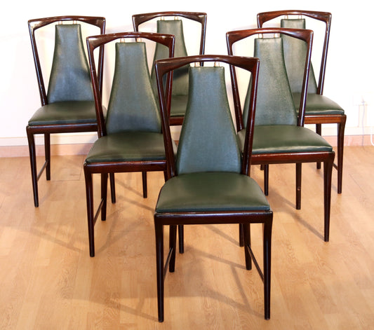 Ensemble de 6 chaises de style mid-century par Osvaldo Borsani, Atelier Borsani Varedo, acajou, palissandre, cuir et laiton, Italie, années 1950
