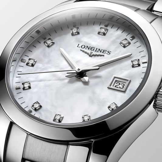 Montre Longines Conquest Classic 29 mm en acier, nacre et diamants, mouvement quartz, L2.286.4.87.6