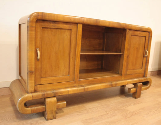 Coiffeuse Art Déco des années 1950 en noyer avec portes coulissantes en bois, design vintage italien moderne du milieu du siècle.