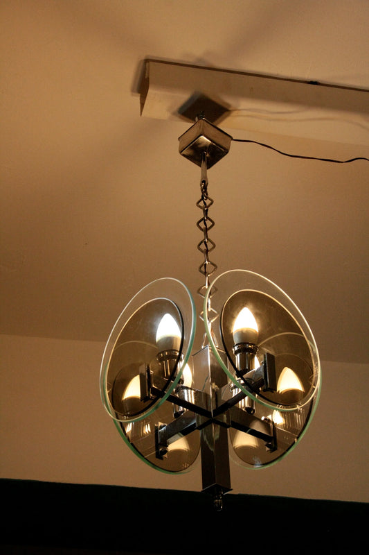 Lampadario vintage art déco in metallo cromato anni 70 con vetro italia anni settanta moderno e raffinato