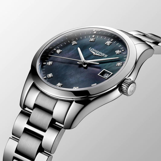 Montre Longines Conquest Classic 34 mm en acier noir nacre, mouvement à quartz L2.386.4.88.6