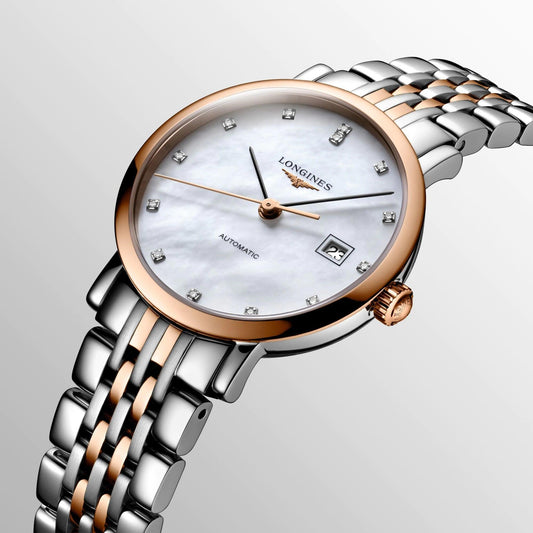 Longines Elegant Collection 29 mm, nacre, diamants, automatique, acier, finition or rose L4.310.5.87.7