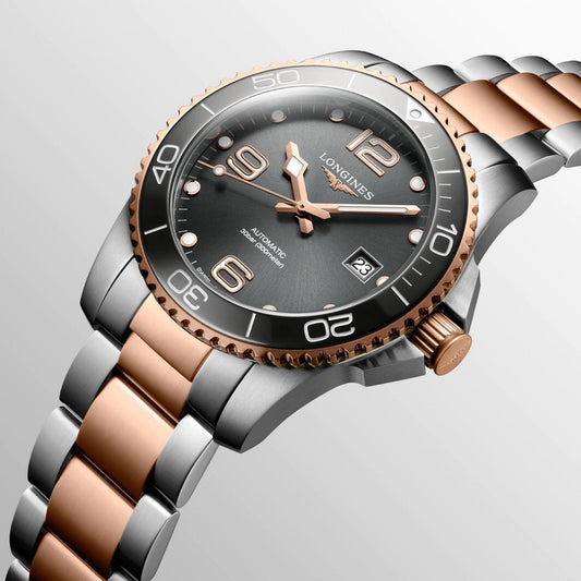 Longines montre HydroConquest 41mm gris automatique acier finitions PVD or rose L3.781.3.78.7