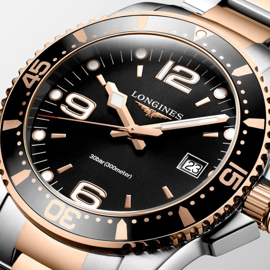 Longines montre HydroConquest 41mm noir quartz acier finition PVD or rose L3.740.3.58.7