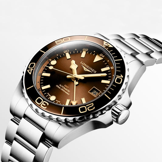 Montre Longines Hydroconquest GMT 41 mm en acier automatique marron L3.790.4.66.6