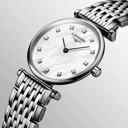 Montre Longines La Grande Classique 24 mm en acier, nacre et diamants, mouvement quartz L4.209.4.87.6