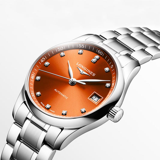 Montre Longines Master Collection 34 mm en acier automatique avec diamants orange L2.357.4.08.6