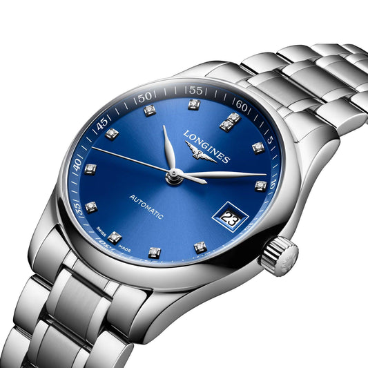 Montre Longines Master Collection 34 mm en acier automatique avec diamants bleus L2.357.4.98.6
