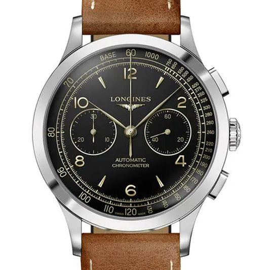 Montre Longines Record Chronograph 40mm noire automatique acier L2.921.4.56.2
