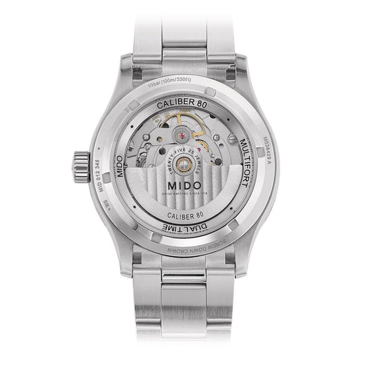 Mido montre homme Multifort Dual Time GMT 42mm Calibre 80 automatique acier M038.429.11.041.00