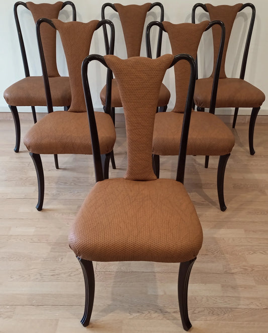 Ensemble de six chaises de salle à manger vintage avec rembourrage marron et structure en bois noir courbé, modèle des années 1950, restaurées