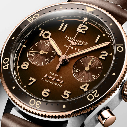 Montre Longines Spirit Flyback 42 mm, automatique, acier marron et or rose 18 carats, L3.821.5.59.2
