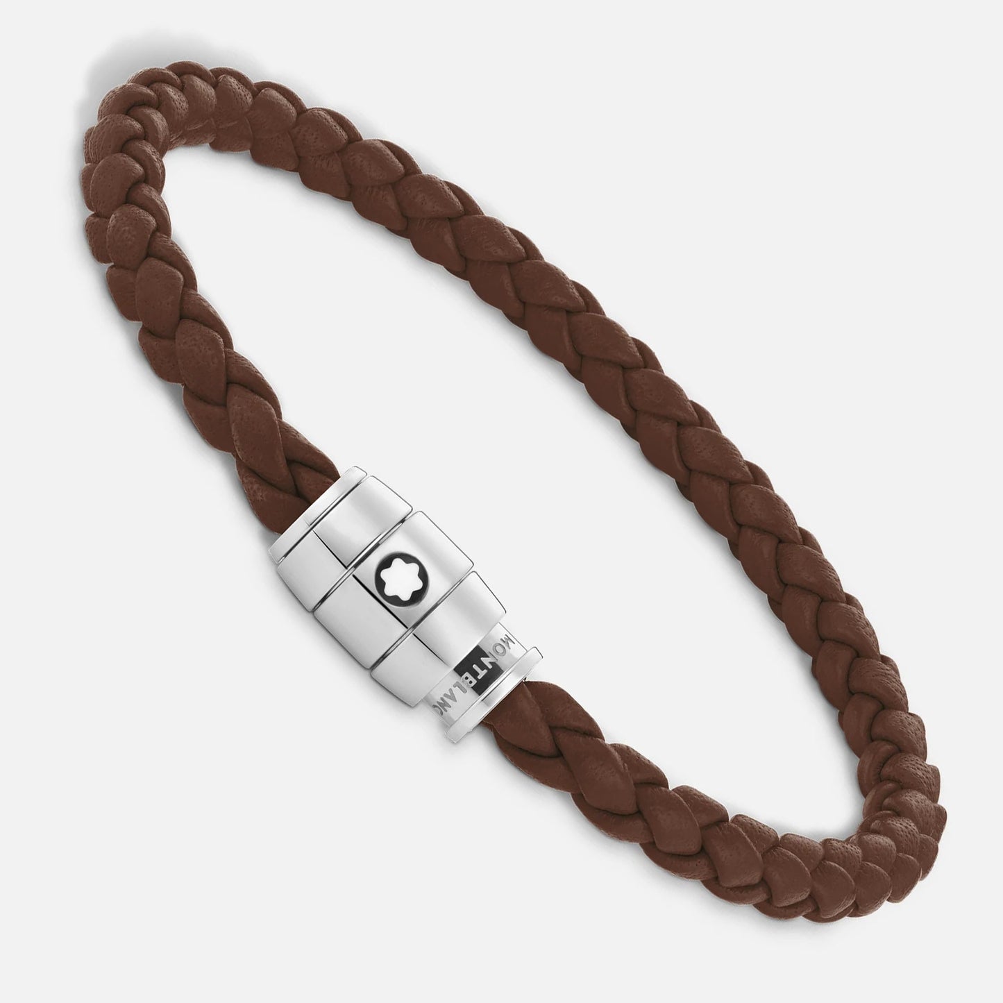 Bracelet Montblanc à 3 anneaux en acier et bracelet Meisterstück en cuir fauve marron, taille M, référence 13600163
