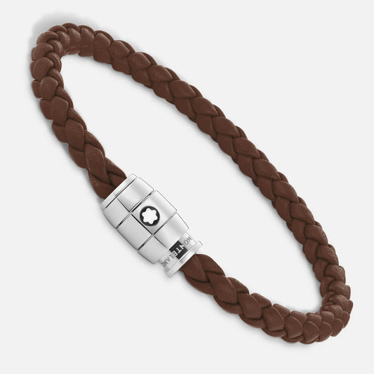 Bracelet Montblanc 3 anneaux en acier et bracelet Meisterstück en cuir fauve marron, taille L, référence 13600268