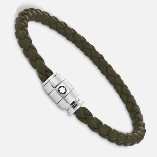 Bracelet Montblanc 3 anneaux en acier et cuir Meisterstück Kaki, taille S, référence 13600360