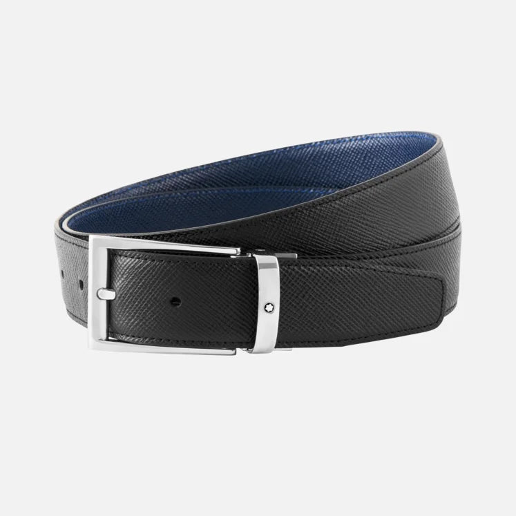 Montblanc ceinture 35mm boucle trapézoïdale cuir Sartorial réversible noir bleu longueur réglable 118438