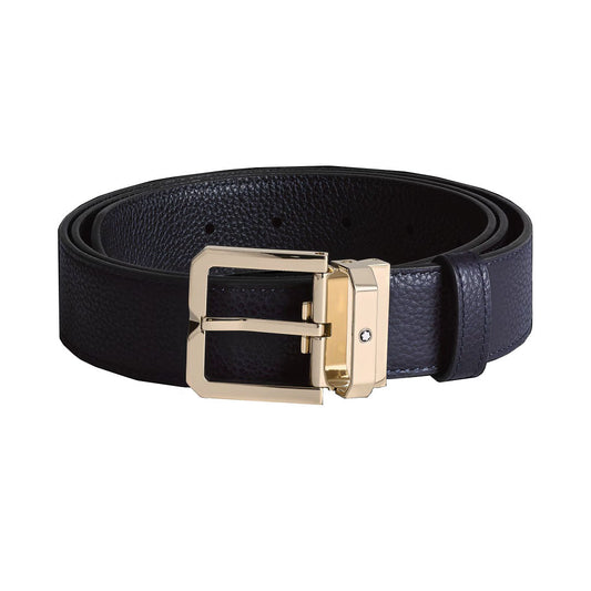 Ceinture Montblanc 35mm avec boucle en forme de fer à cheval finition or clair réversible bleu nuit/noir 199099