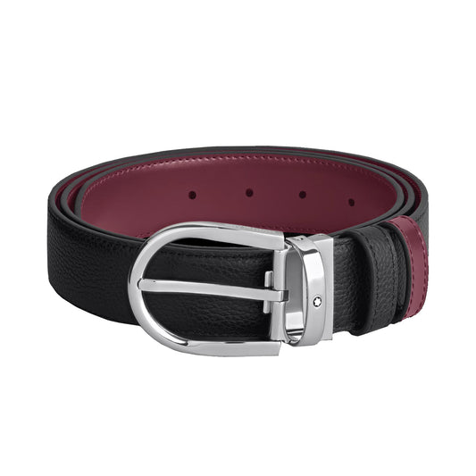 Montblanc ceinture réversible 35 mm cuir noir grainé/cassis avec boucle en forme de fer à cheval 199665