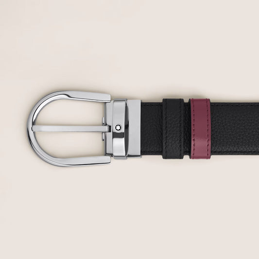 Montblanc ceinture réversible 35 mm cuir noir grainé/cassis avec boucle en forme de fer à cheval 199665