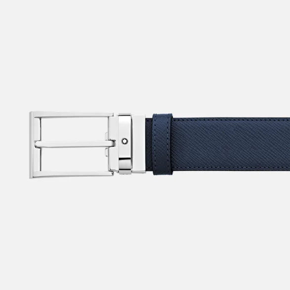 Montblanc ceinture 35mm boucle trapézoïdale cuir Sartorial réversible noir bleu longueur réglable 118438