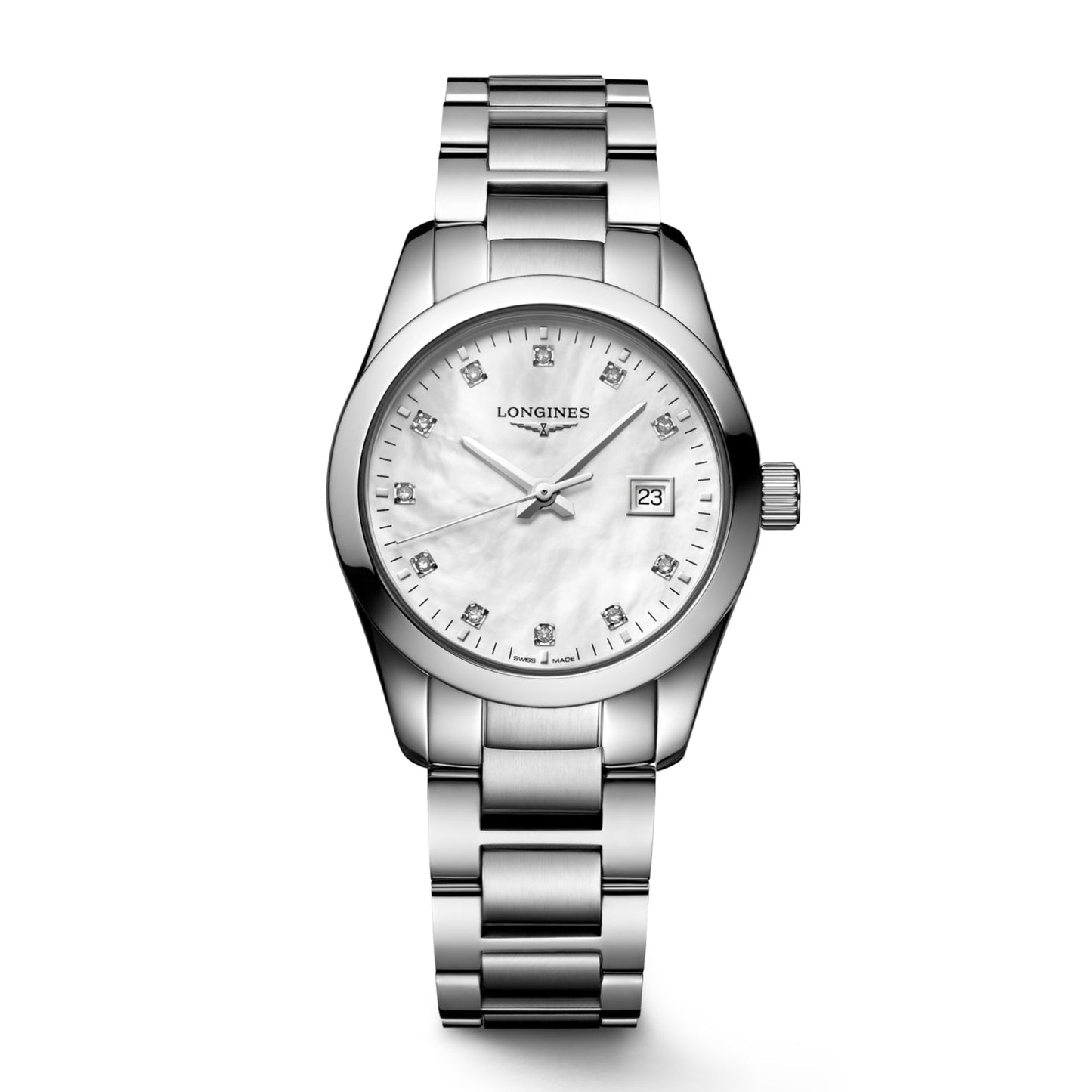 Montre Longines Conquest Classic 29 mm en acier, nacre et diamants, mouvement quartz, L2.286.4.87.6