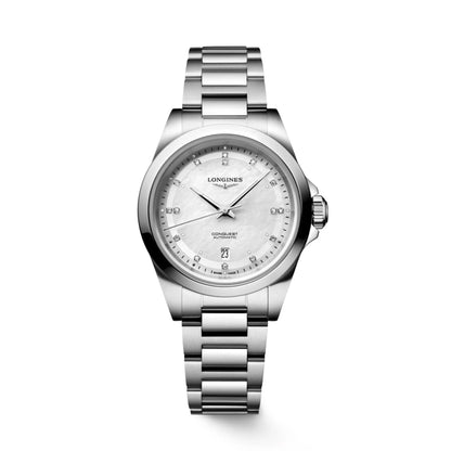 Longines montre Conquest 30mm nacre diamants automatique acier L3.320.4.87.6