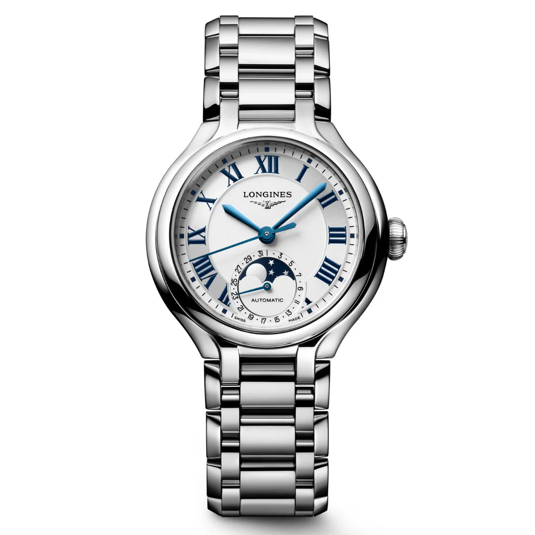 Longines montre Primaluna Moonphase 34mm argent automatique acier L8.126.4.71.6