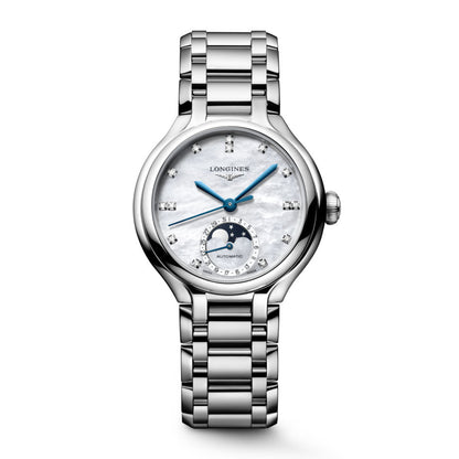 Montre Longines Primaluna Phase de Lune 34 mm Nacre Diamants Automatique Acier L8.126.4.87.6