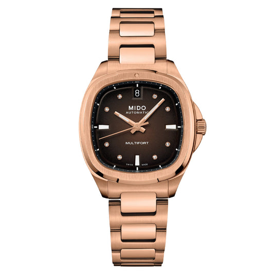 Mido montre Multifort TV 35mm marron diamants automatique acier finition PVD or rose M049.307.33.296.00