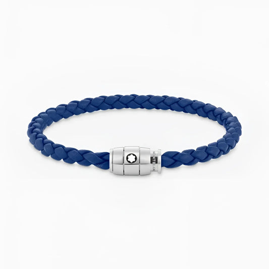 Bracciale Montblanc in pelle blu misura M con chiusura magnetica argento e logo Montblanc