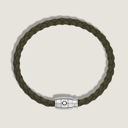 Montblanc bracciale in pelle kaki intrecciata con chiusura magnetica in acciaio pregiato lucido impreziosito dallemblema