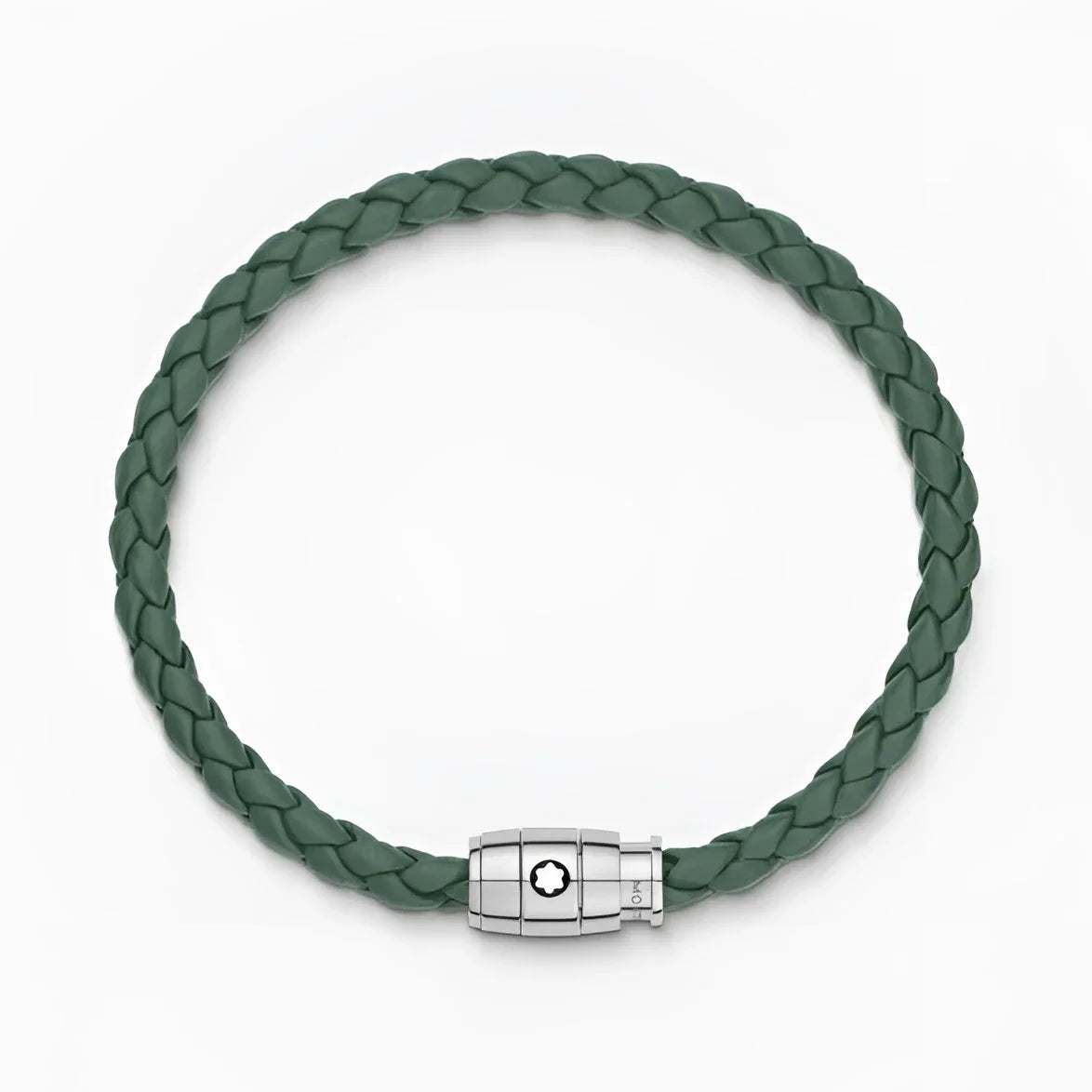 Bracciale montblanc in pelle peltro verde scuro con chiusura rettangolare in acciaio con logo montblanc unisce l’eleganza