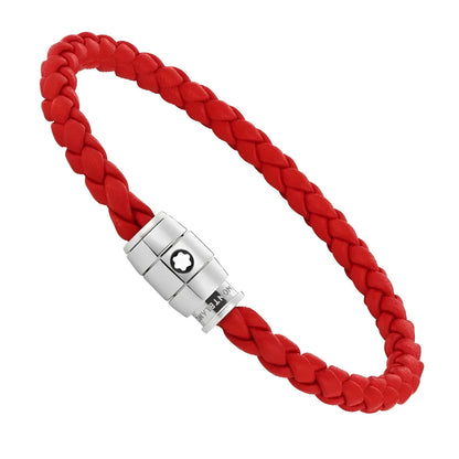 Montblanc bracciale pelle intrecciata rossa con chiusura magnetica in acciaio pregiato finitura lucida e logo montblanc