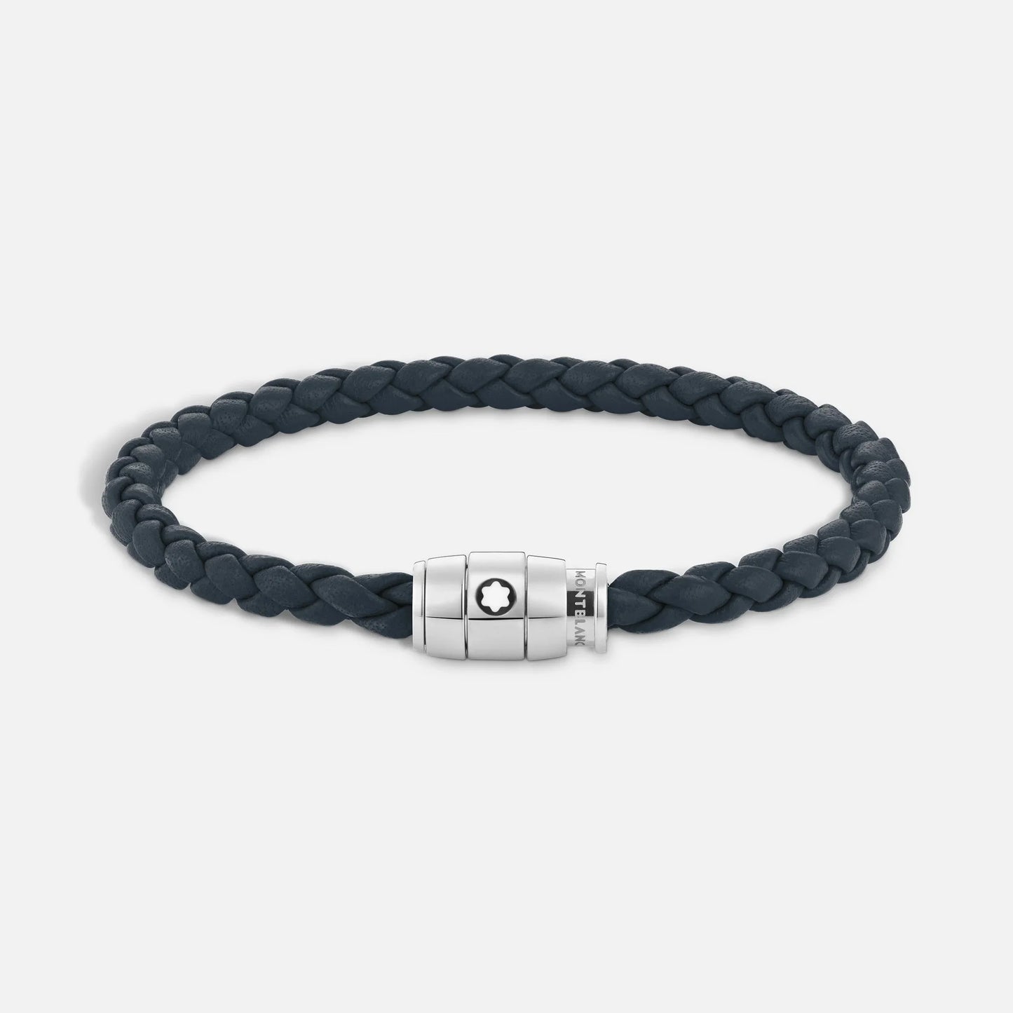 Montblanc bracciale in pelle blu avio intrecciata con acciaio pregiato lucido impreziosito da stella brand