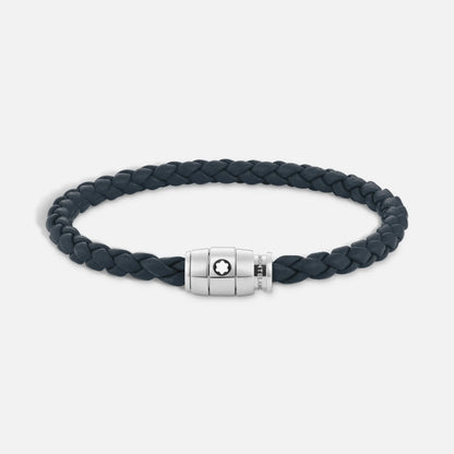 Montblanc bracciale in pelle blu avio intrecciata con acciaio pregiato lucido impreziosito da stella brand