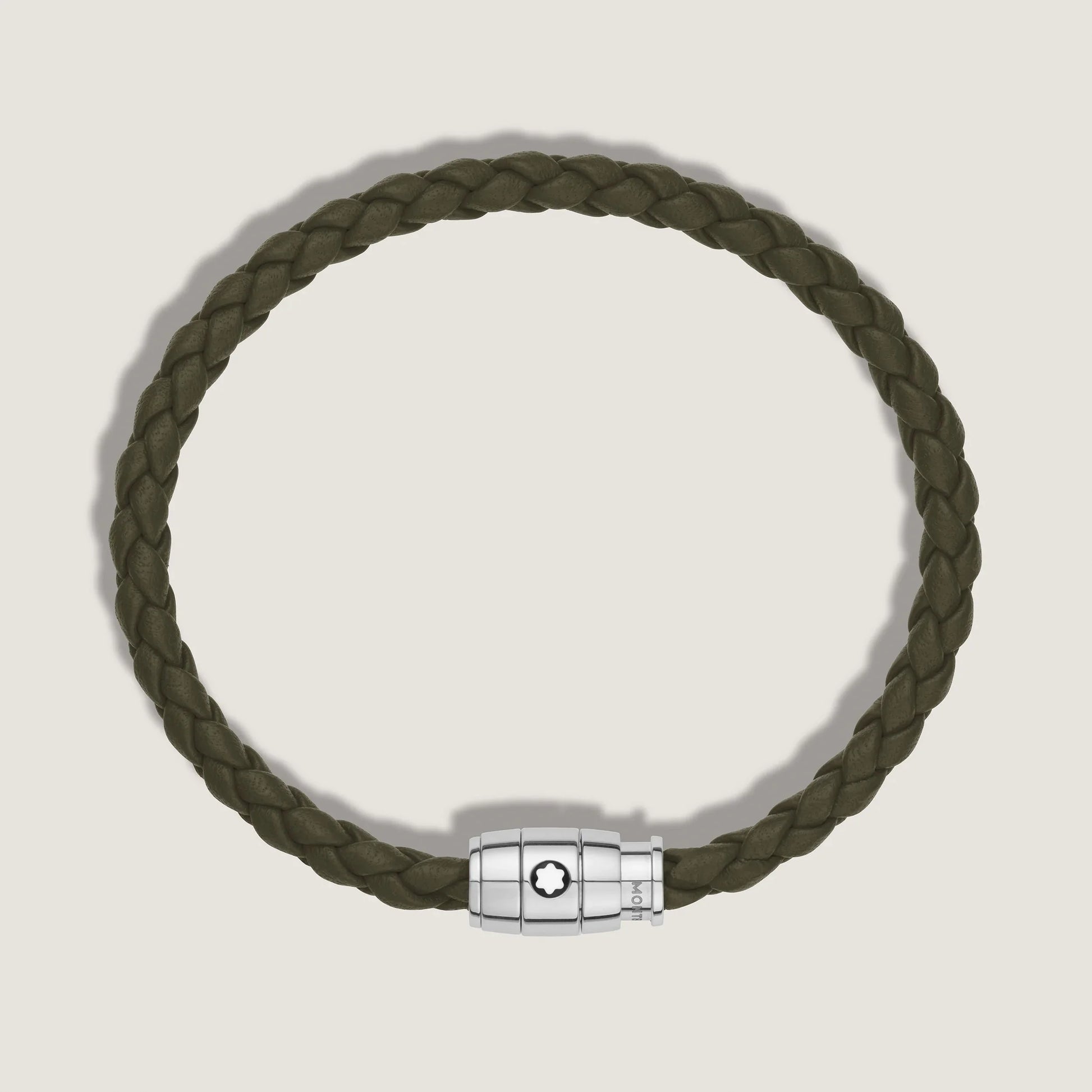 Montblanc bracciale in pelle kaki intrecciata con chiusura magnetica in acciaio pregiato lucido impreziosito dal logo