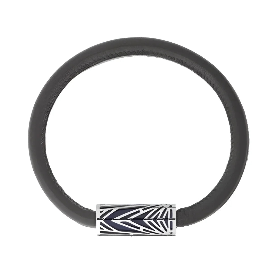 Bracciale montblanc meisterstück in pelle nera con chiusura rettangolare argento collezione the origin misura m