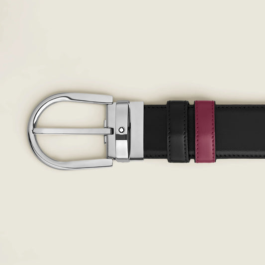 Montblanc cintura reversibile 35 mm in pelle liscia nera con fibbia cavallo finitura palladio e striscia borgogna