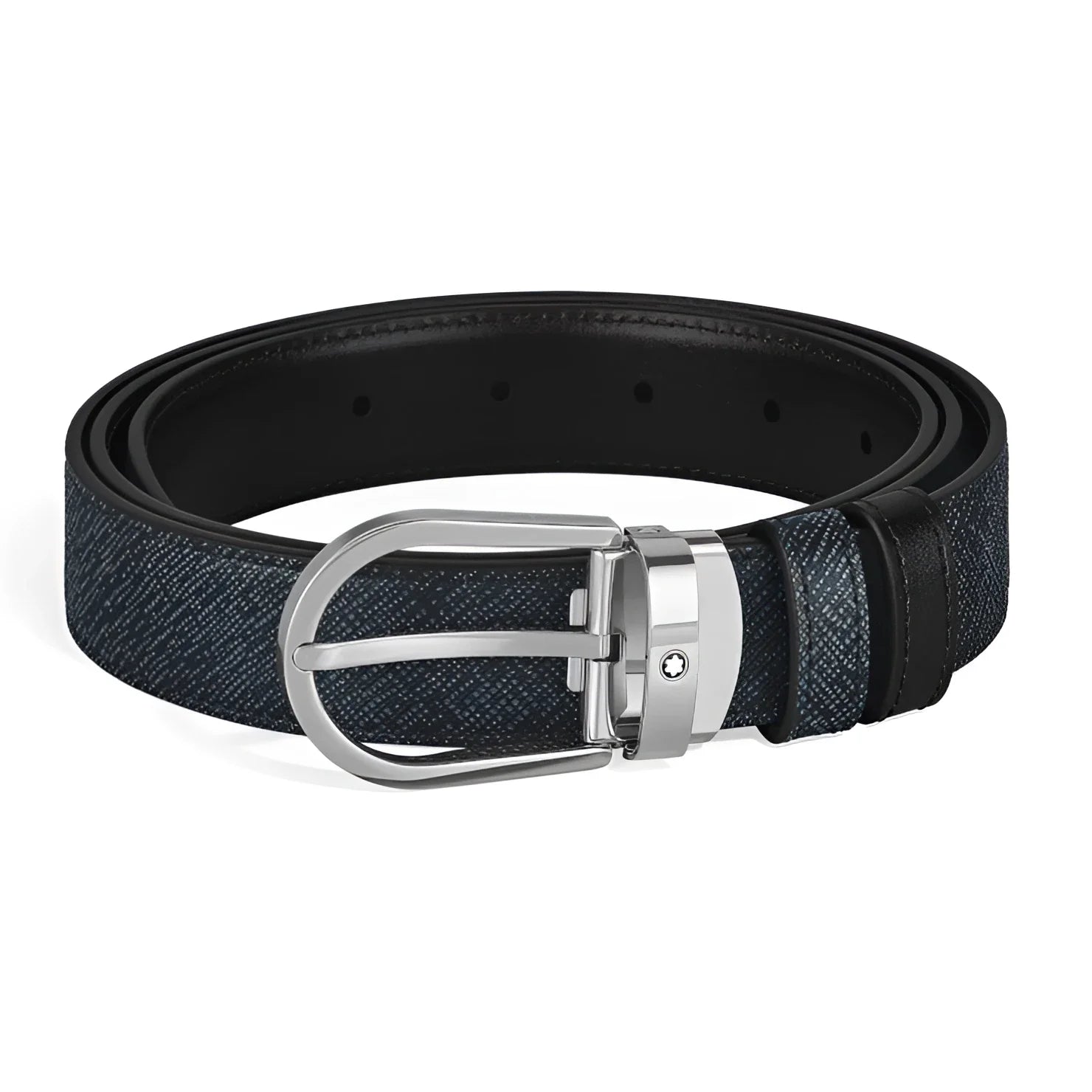 Cintura reversibile montblanc in denim nero con fibbia argento con logo montblanc unisce eleganza e versatilità