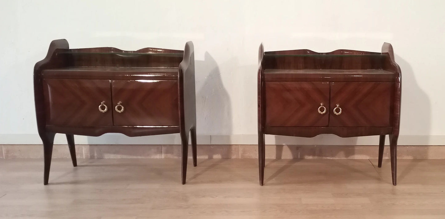 Pair of mid-century modern italiano wooden bedside tables with curved edges and brass handles in palissandro design
