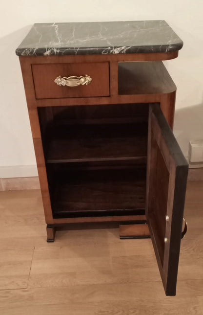Comodini art déco in noce italiano con piano in marmo e cassetto per camera da letto set di 2