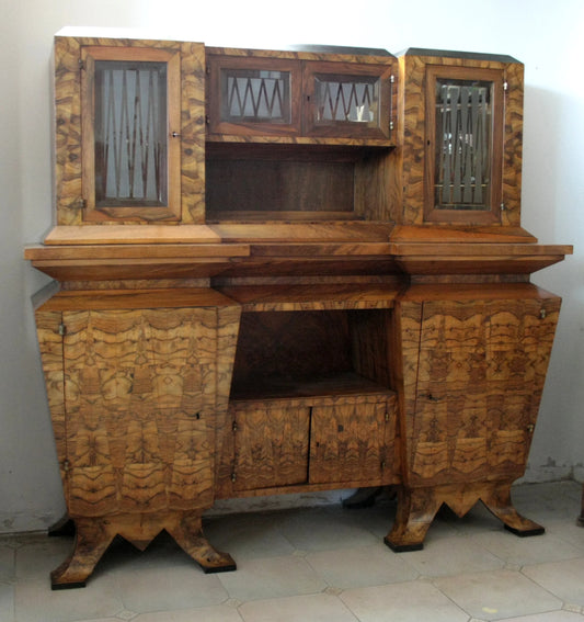 Buffet Art Déco en bois à deux corps, de style romain italien, réalisé pour le ministre Bottai en 1933.