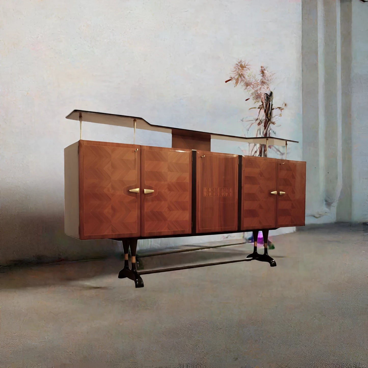 Credenza mid-century in legno con piano in vetro mobile bar consolle vittorio dassi design vittorio