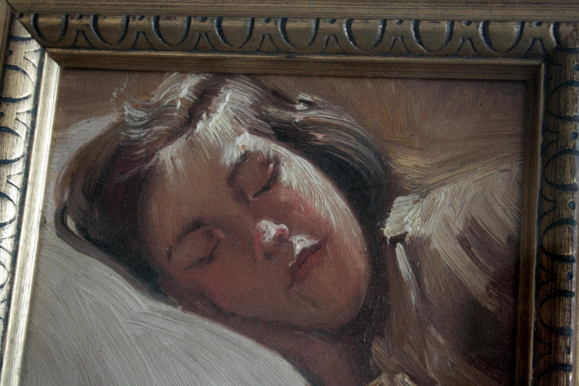 Framed oil painting of a sleeping woman titled bambina dormiente by francesco galante signed opera from 1884 to 1972