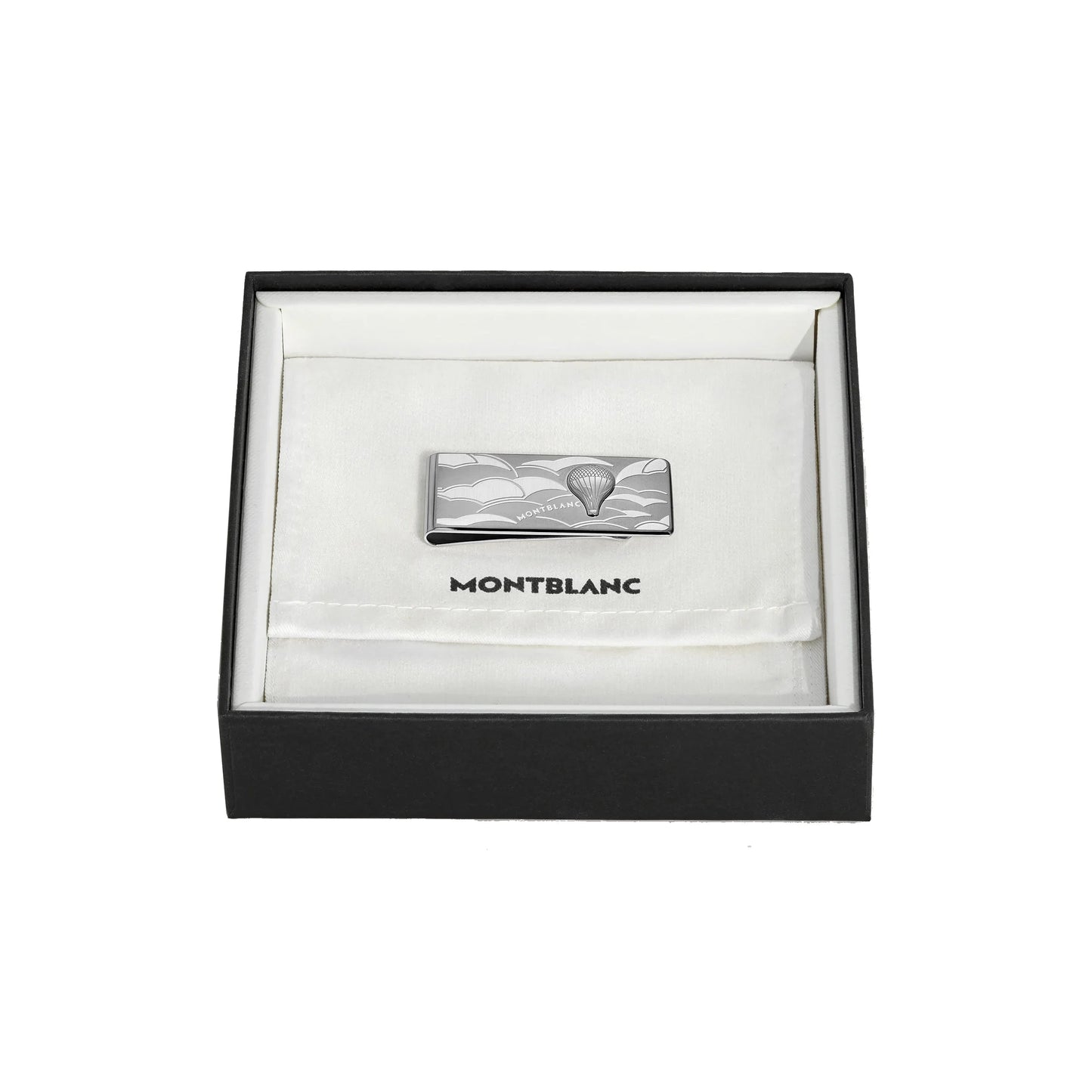 Fermasoldi montblanc in argento con incisione di mongolfiera e nuvole ispirato a around the world in 80 days