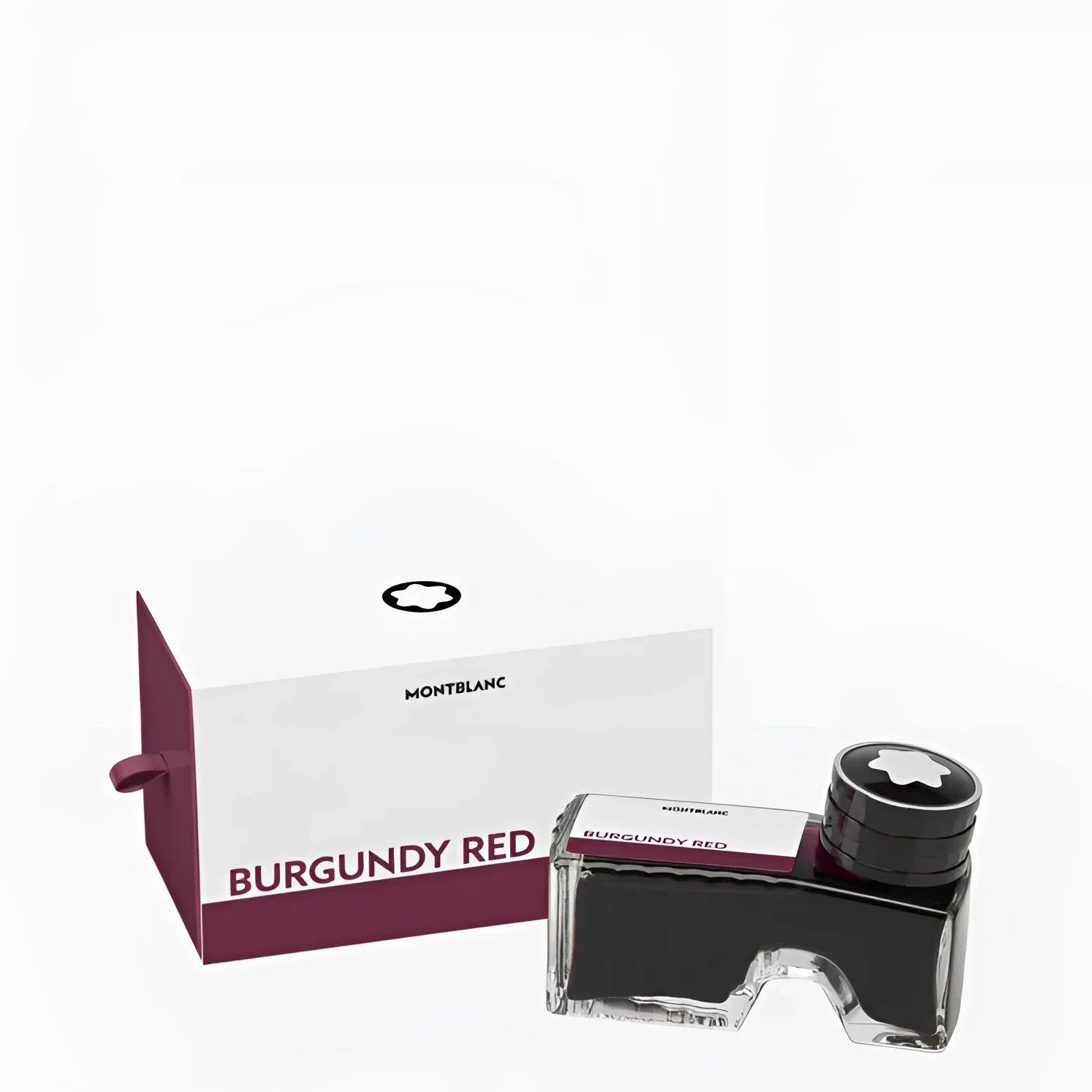 Montblanc boccetta dinchiostro 50ml rosso bordeaux con corpo in vetro trasparente e tappo nero accanto alla confezione brandizzata