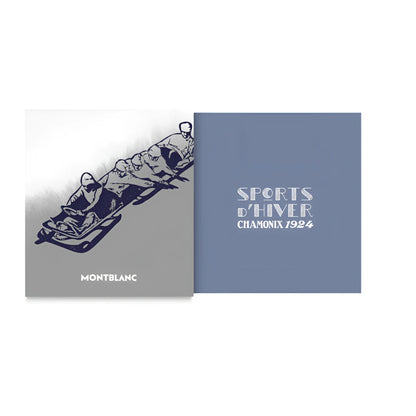 Montblanc boccetta d’inchiostro 50ml meisterstück olympic heritage con copertina grigia e blu illustratione bob su slittino