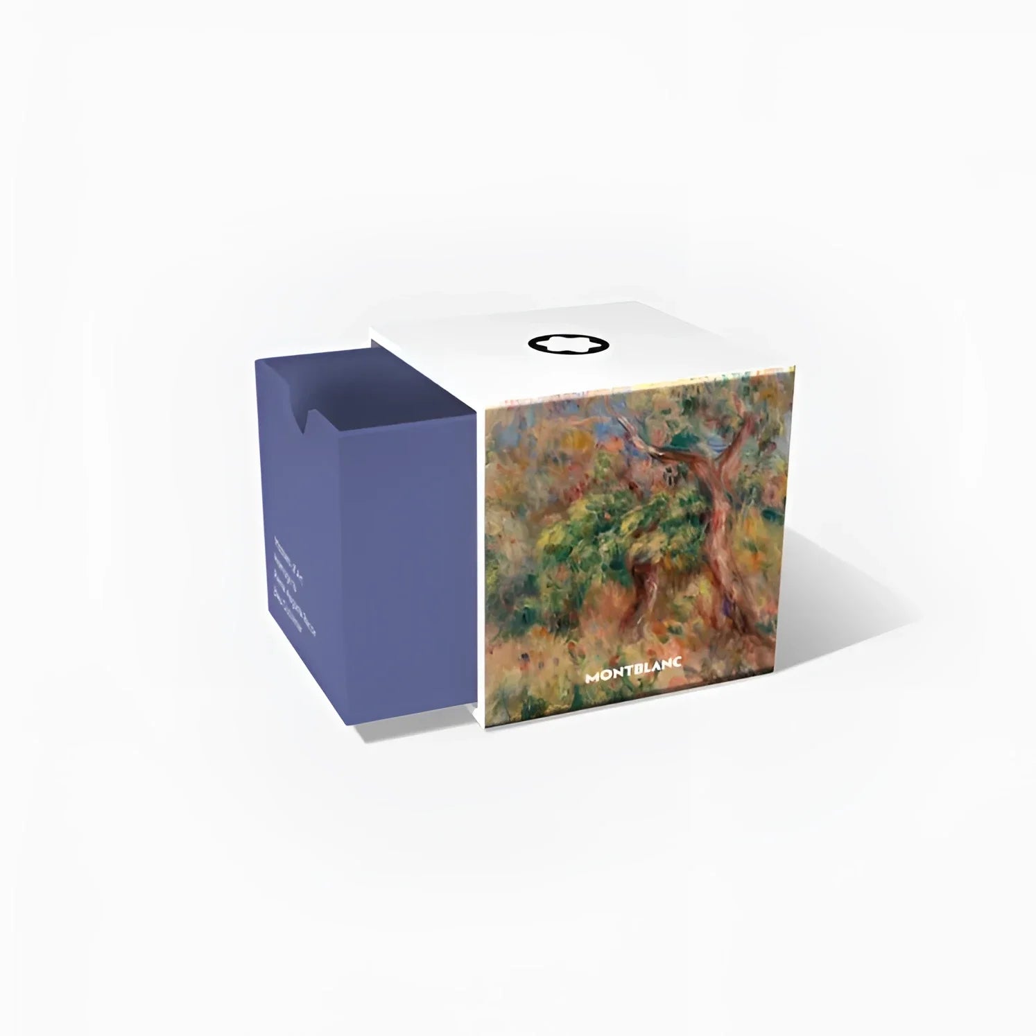 Montblanc boccetta d’inchiostro 50ml con cofanetto bianco e blu navy decorato con dipinto impressionista di albero vivace