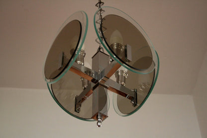 Lampadario vintage art déco con dischi di vetro tinta italia anni 70 e struttura in metallo cromato anni