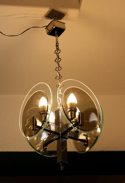 Lampadario vintage art déco in metallo cromato con vetro italia anni 70 e dettagli moderni in vetro